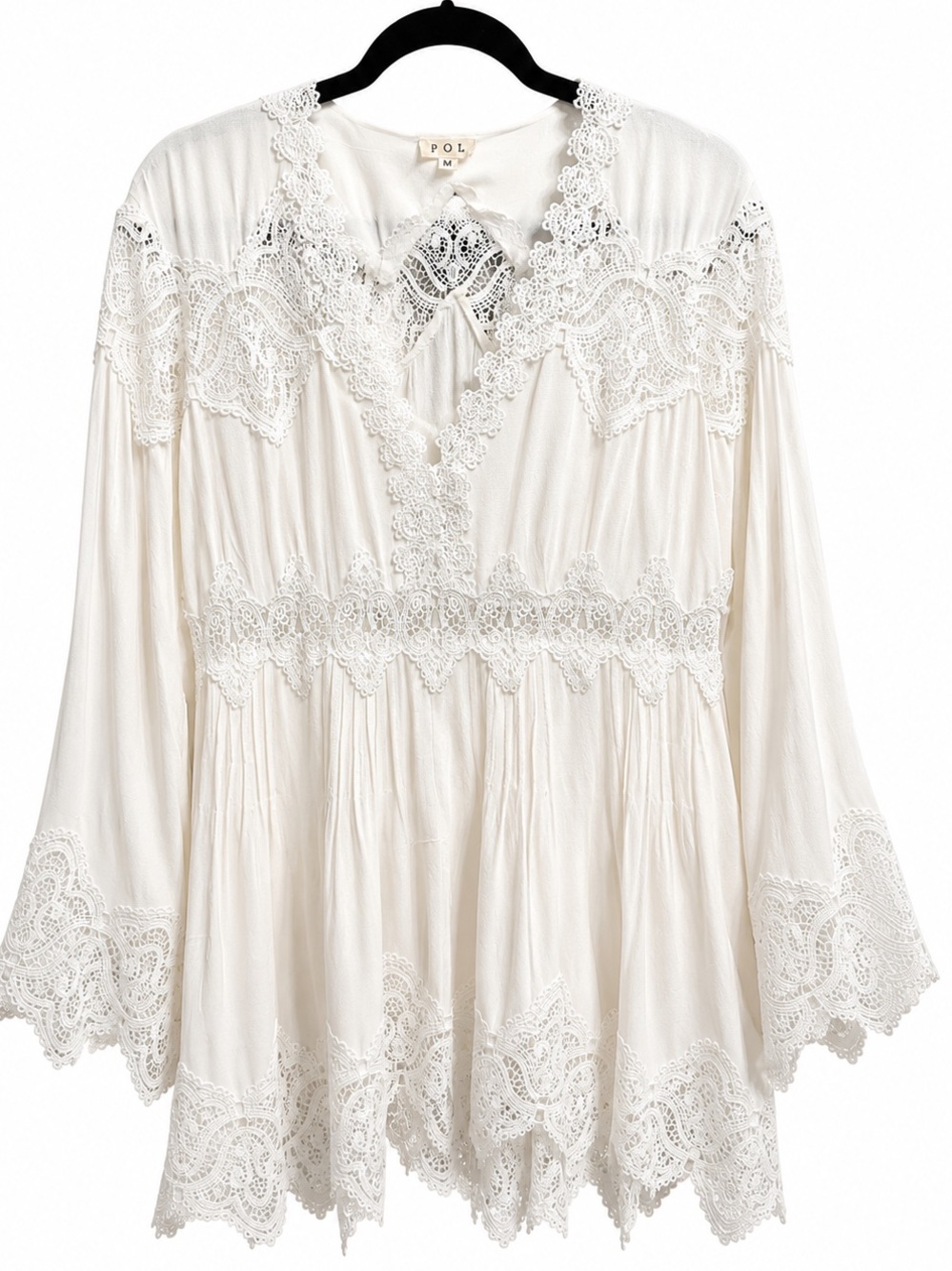 NWT POL White Lace Crochet Bell Sleeve Boho Tunic Dress Romantic Size M